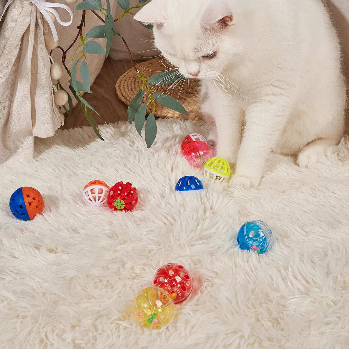 Colored plastic bell mesh hollow sound cat teasing ball in rainbow colour