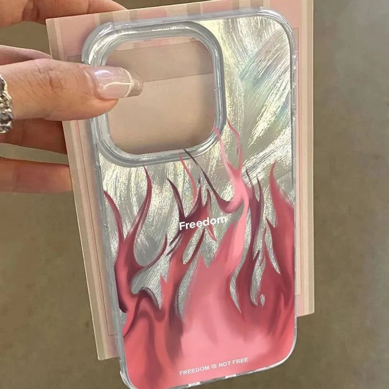 Silicone iPhone case with blue flame pattern design showing all-inclusive edge protection