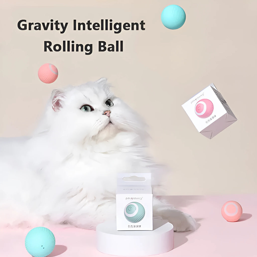 Cat Gravity Intelligent Rolling Ball 43mm plastic toy with black and white cat watching it move on a hard floor