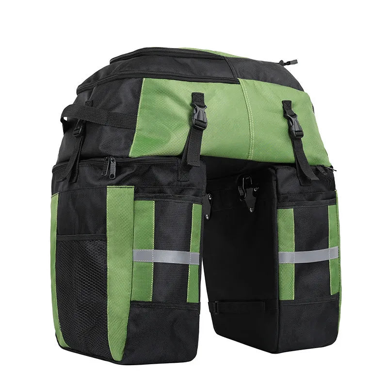 Rhinoceros green 70L bicycle rear storage frame bag mounted on a touring bike.