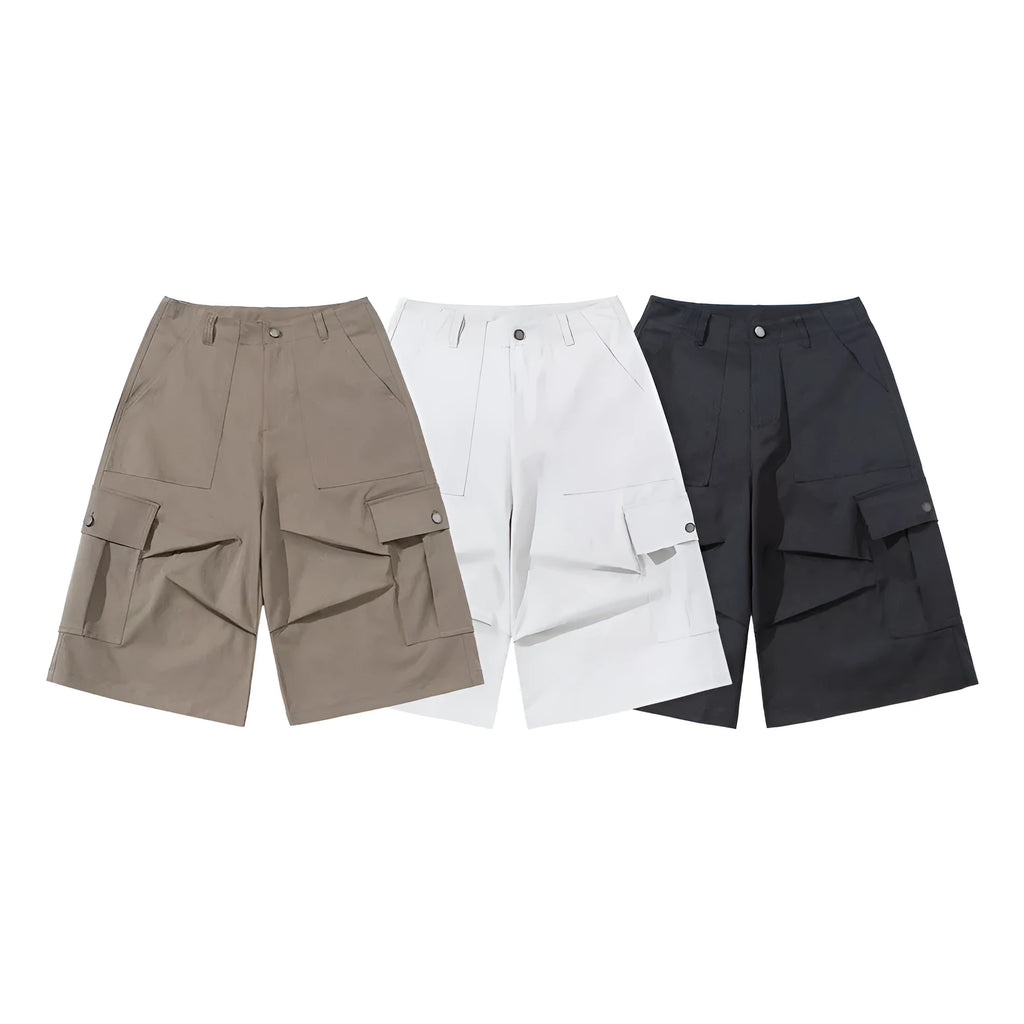 Men's Japanese-style retro loose casual shorts in polyester fibre, available in white, khaki, black, and gray