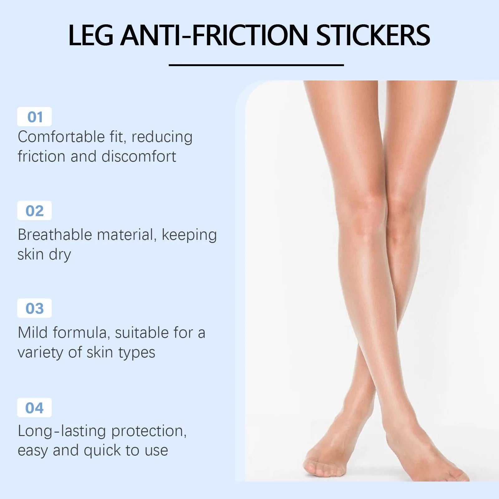 Pack of 10 leg anti-wear patches with moisturising ingredients including sodium hyaluronate and glycerin