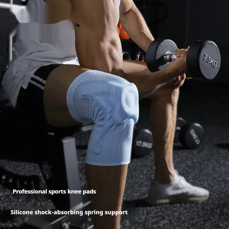 Sports knee pad in black and grey, black and blue, or light blue, sizes S to XL for running and outdoor use