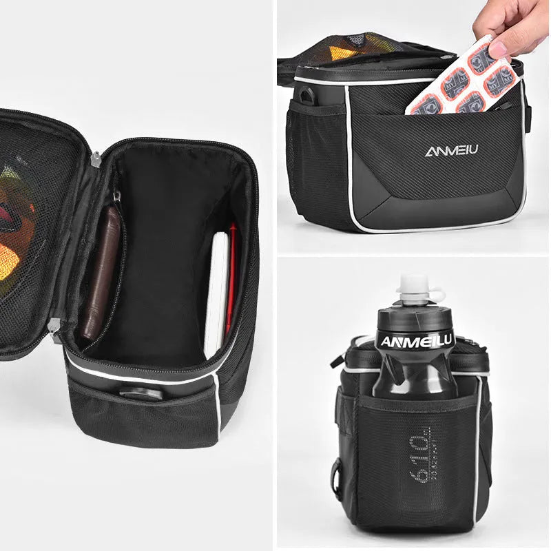 Black folding bicycle bag with hanging strap attached to handlebars