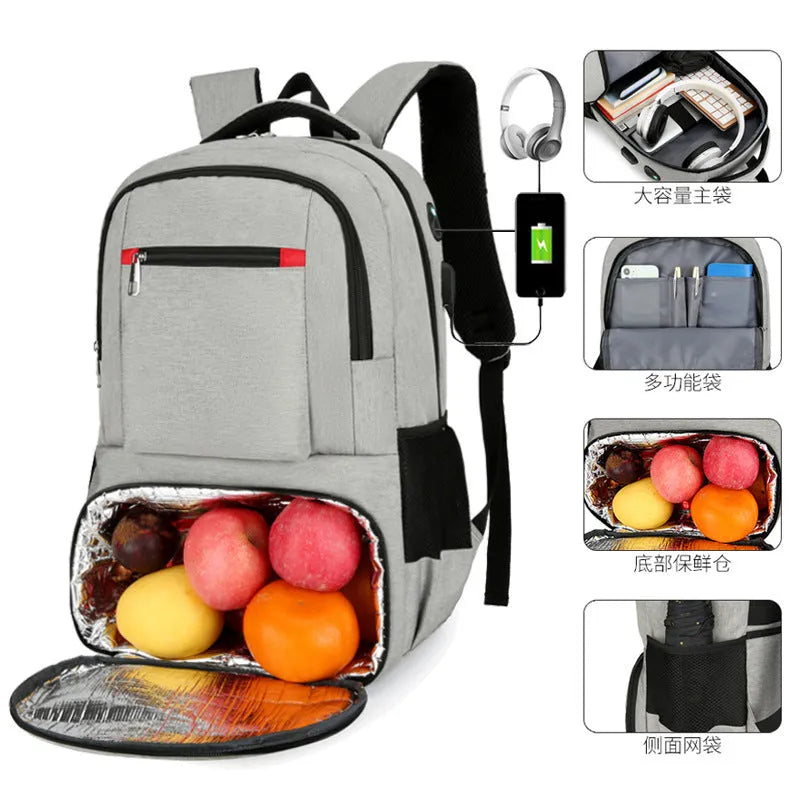 Oxford cloth insulated backpack with curved shoulder straps showing dry-wet separation compartments in light grey colour