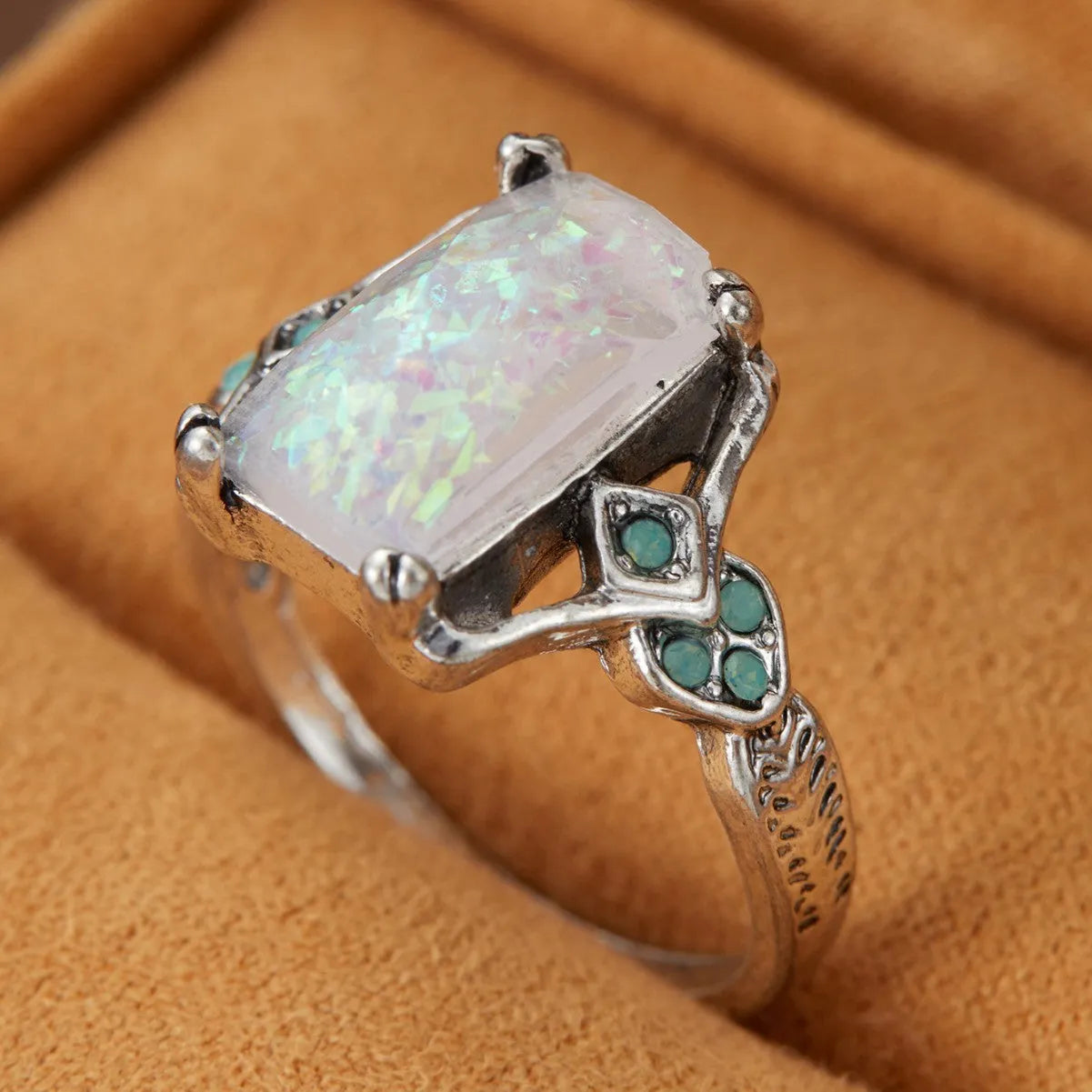 Rectangular white opal ancient silver ring ornament on silver alloy band, geometric style, available in sizes 6 to 10.