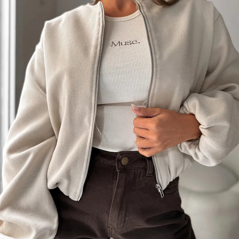 Women's off-shoulder short coat with lantern sleeves in polyester fabric, shown in milky white colour