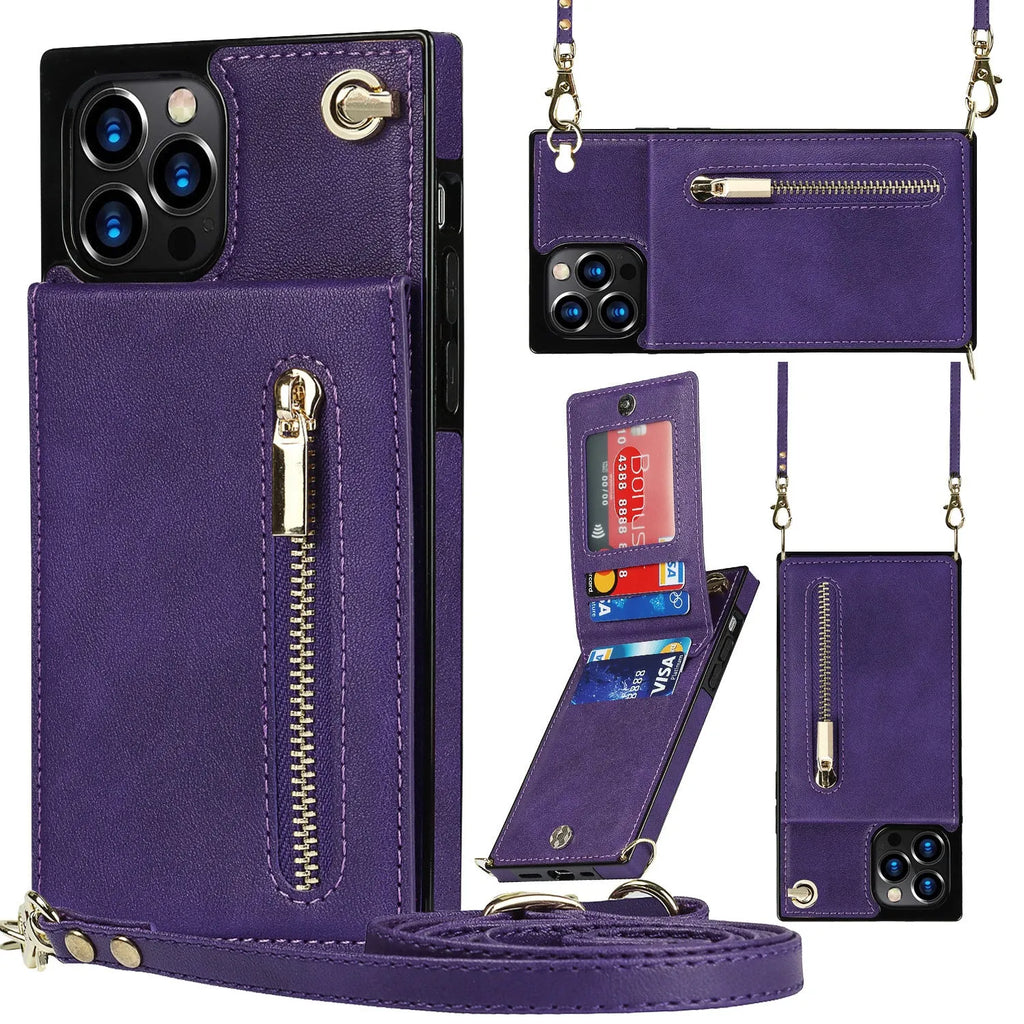 Black leather and TPU mobile phone case shown on a Samsung Galaxy S21 smartphone.