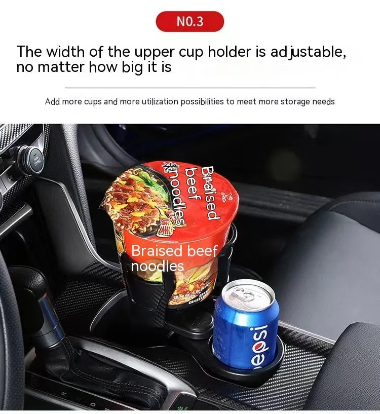 Double-layer rotating car cup holder in black, 11.6x8.7x19.1cm, on car centre console with water bottle