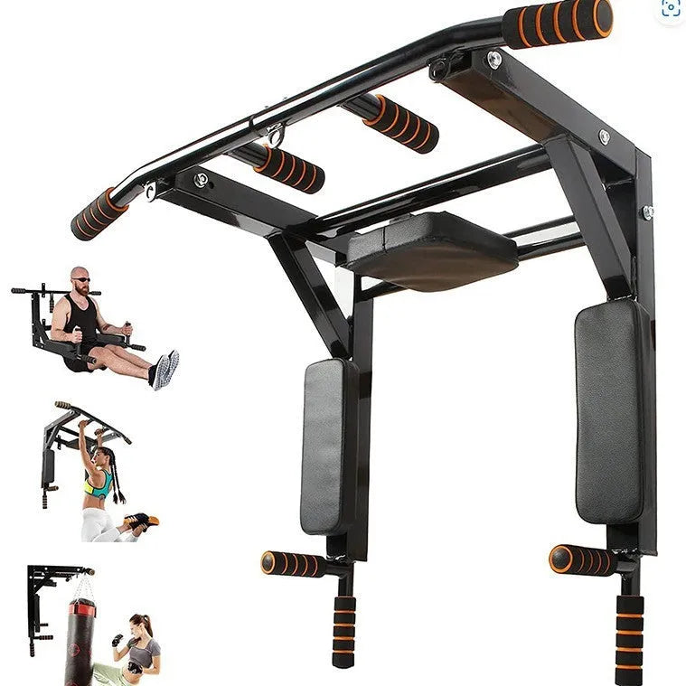Black wall-mounted fitness equipment with a sandbag rack and integrated parallel pull-up bars.