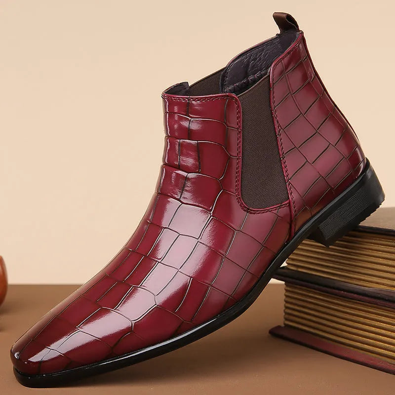 Men's glossy high-top Chelsea boots in black brown with artificial leather upper and rubber sole