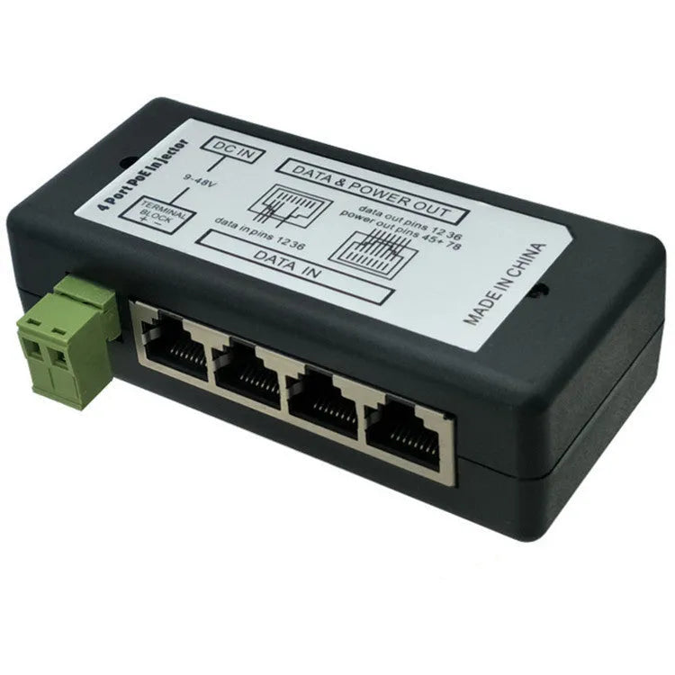 Black four-port centralized DC power supply box with RJ-45 interfaces for TV, PoE, or syringe-pump equipment