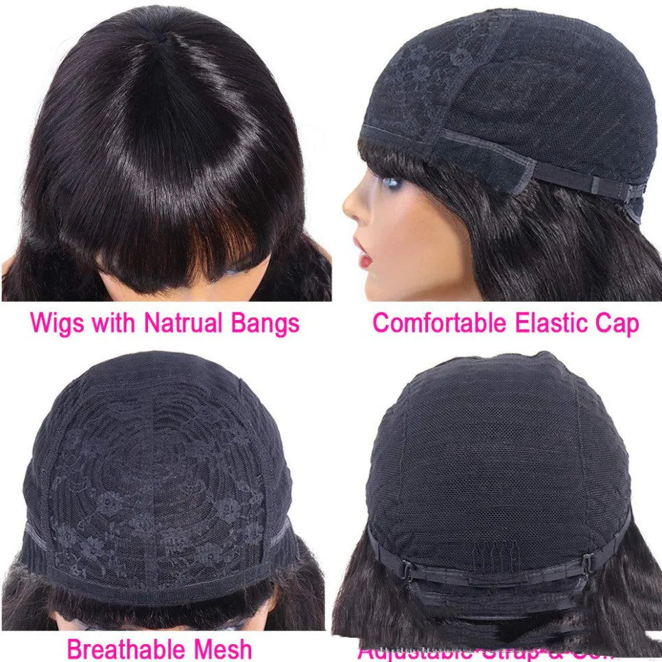 Body wave full machine made non-lace human hair wig for women, available in 12 to 30 inch lengths