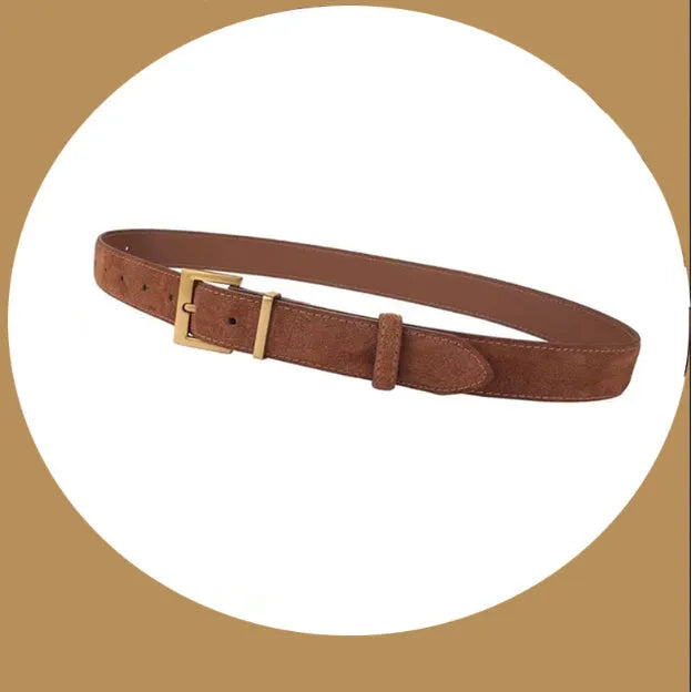 Ladies' black genuine leather belt with alloy pin buckle showing quadrilateral styling details