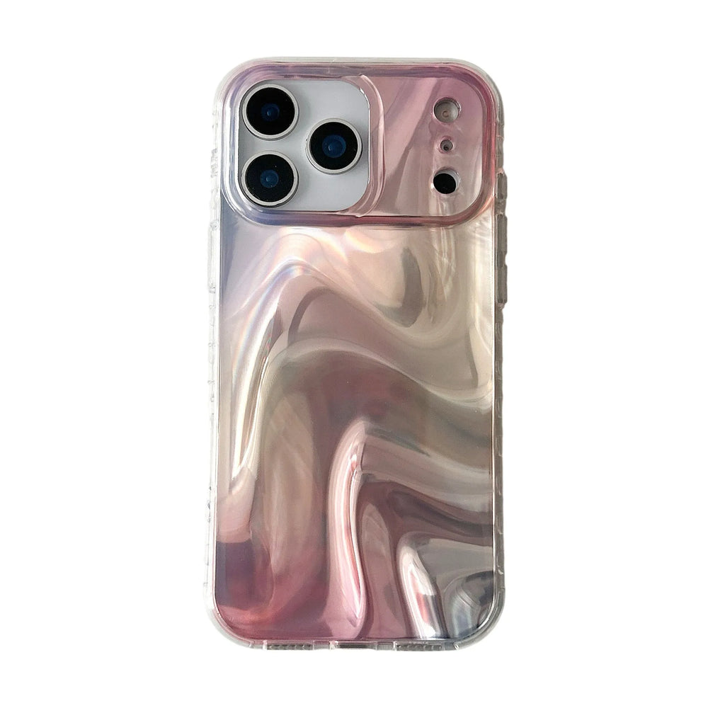 Double shell iPhone case in IMD silver pink satin pattern with water ripple smudge design