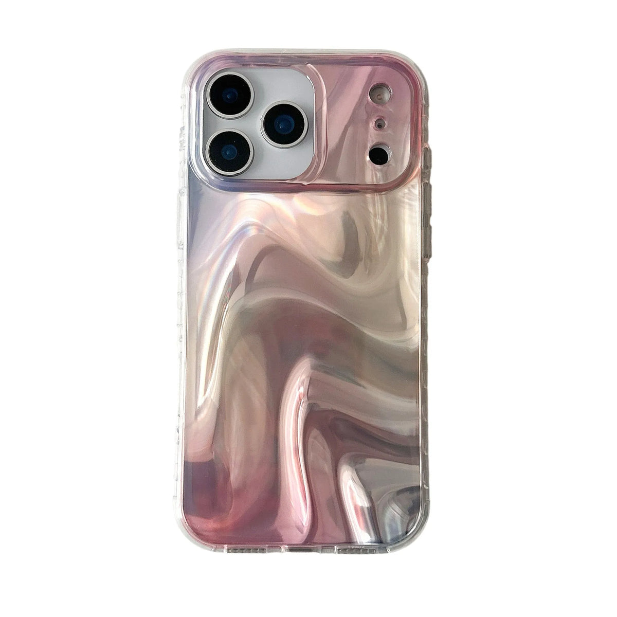 Double shell iPhone case in IMD silver pink satin pattern with water ripple smudge design