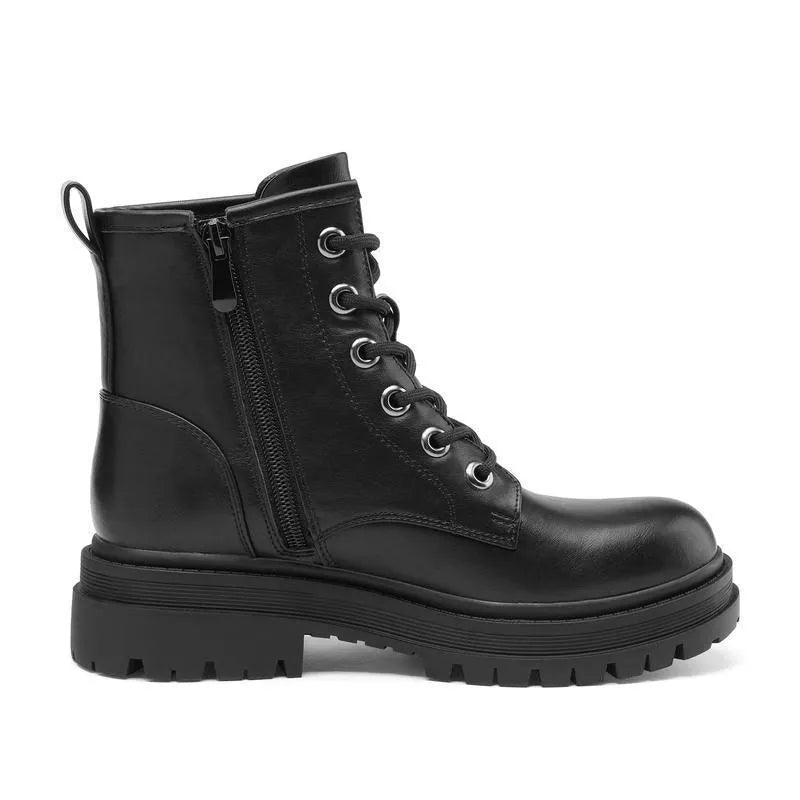 Women's flat lace up satin over the knee booties in black, flat sole, beyond knee length, lace up front