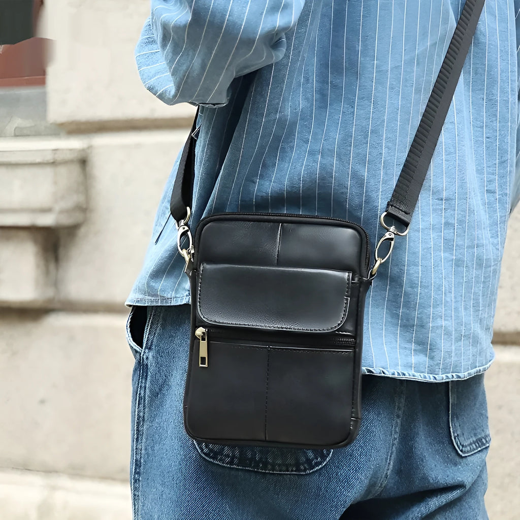 Men's brown genuine leather crossbody shoulder bag with sewing line detailing