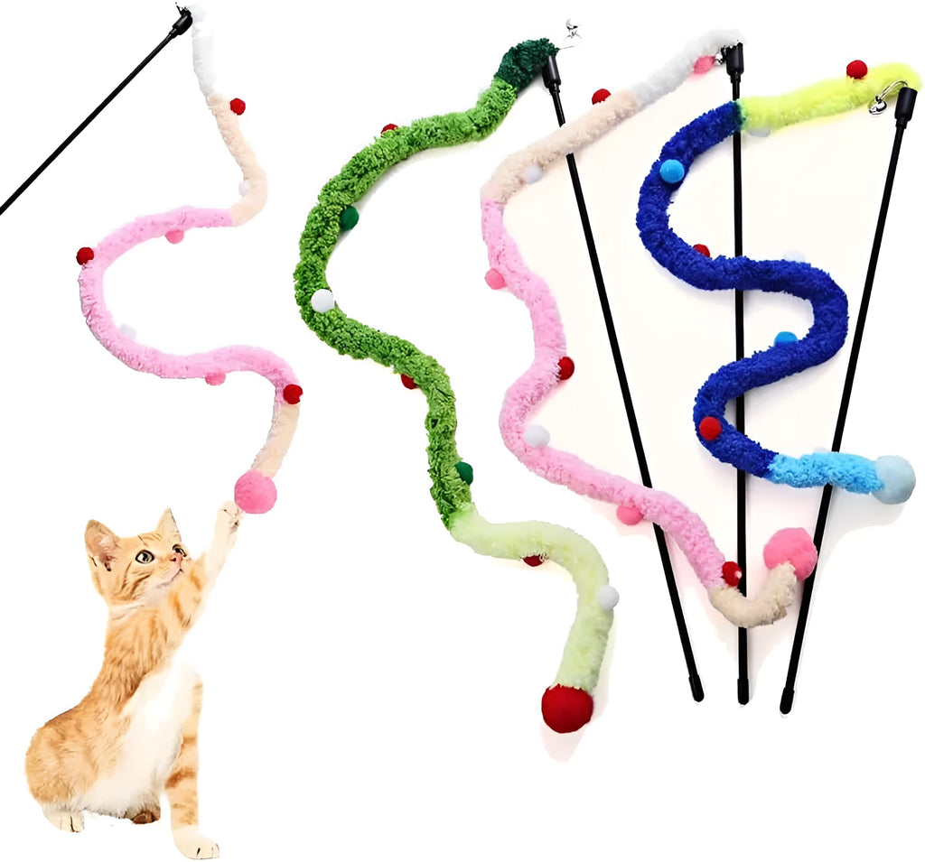 Interactive cat wand toy with plush strip and bell-equipped fluffy ball in blue, green, or pink