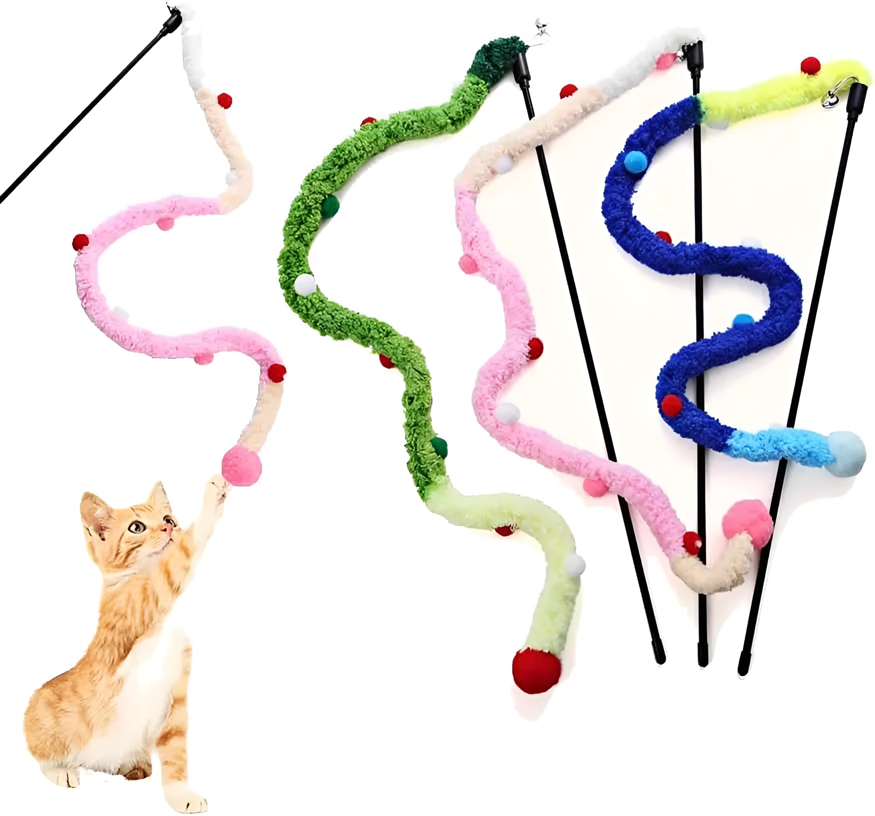 Interactive cat wand toy with plush strip and bell-equipped fluffy ball in blue, green, or pink