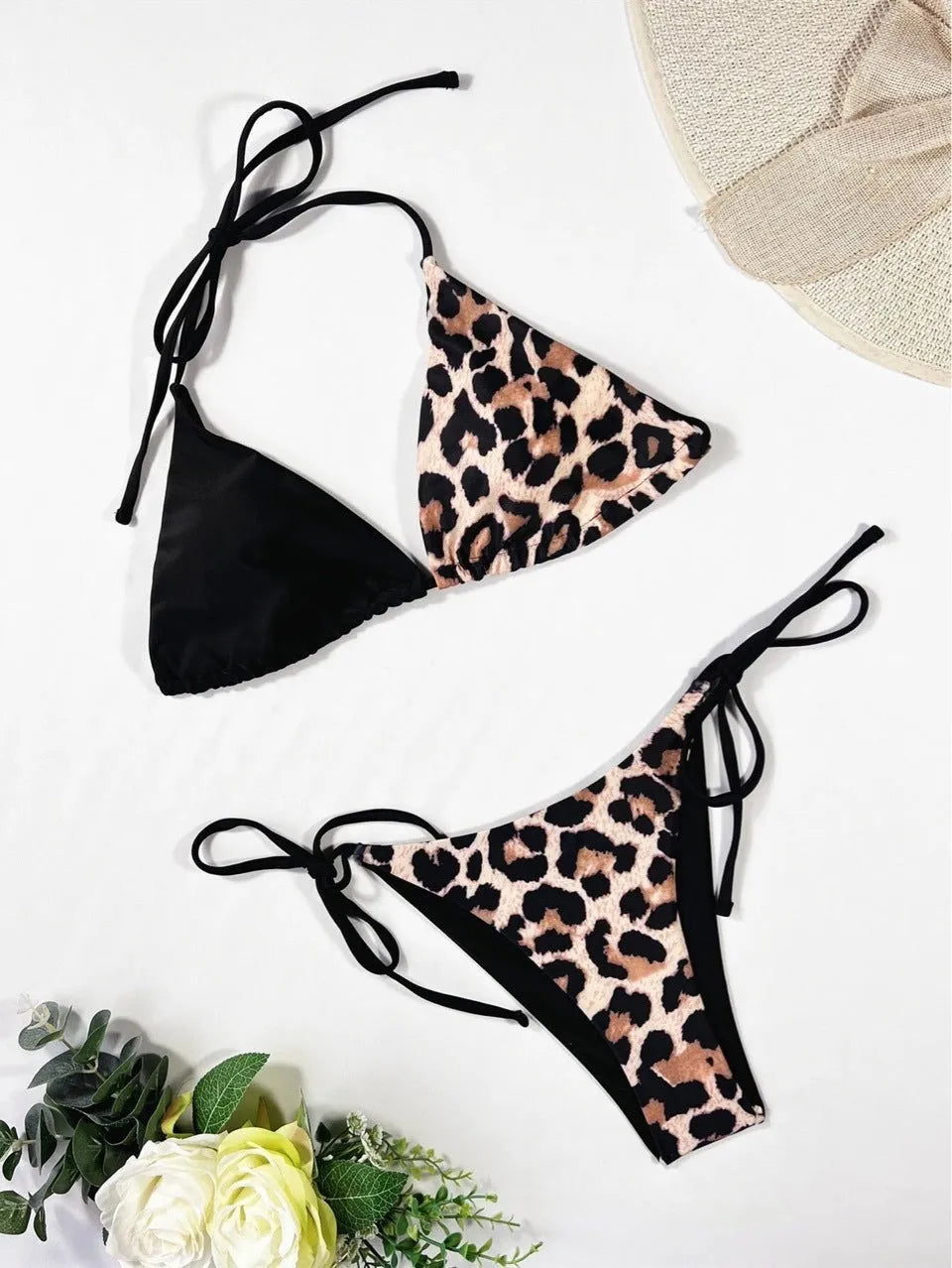 Women's leopard print bikini swimsuit with halter neck and lace-up front design
