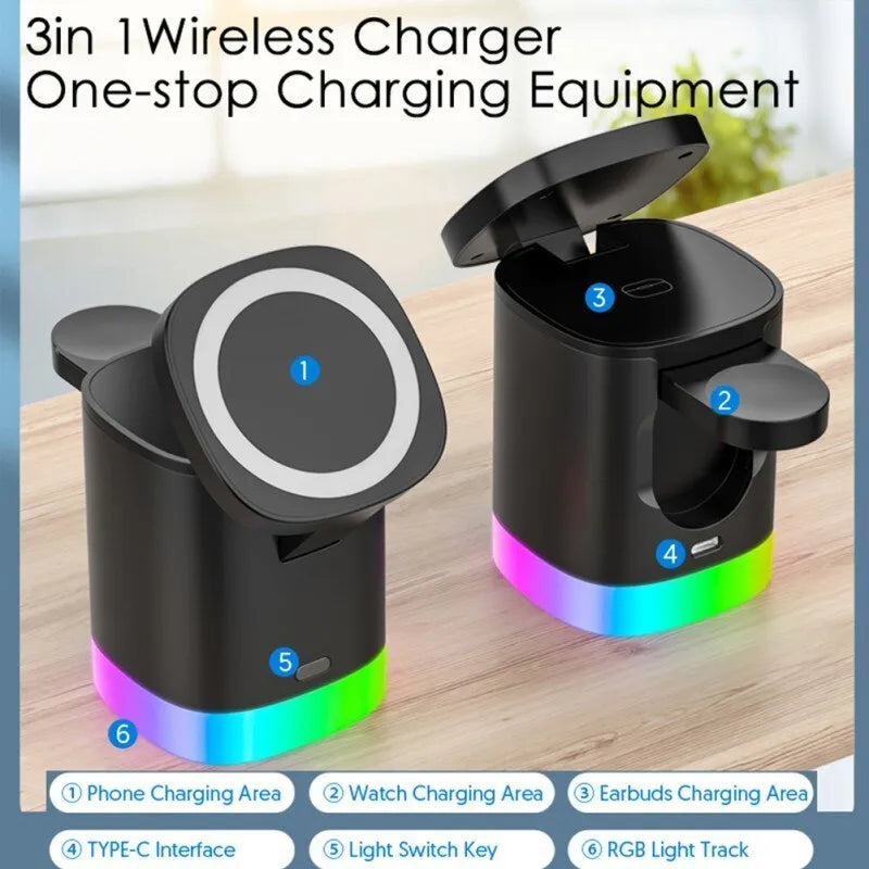 Black foldable 3-in-1 magnetic wireless charging station for iPhone, Apple Watch, and AirPods.