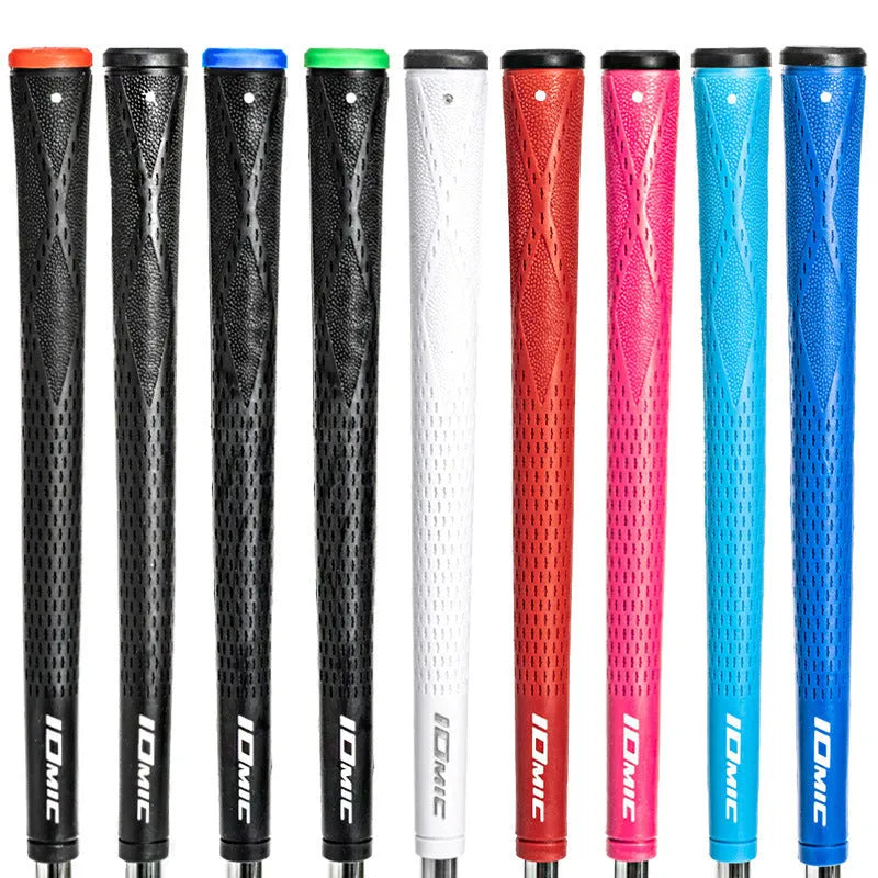 TPE material golf club grip in various colours including pink, red, blue, white, and black with coloured heads.