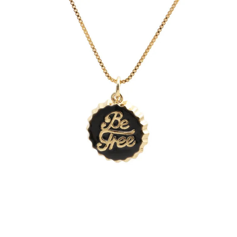 Copper Be Free bottle cap pendant necklace with a 40cm box chain in one of six colour finishes.