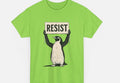 Straight cut short sleeve cotton t-shirt on a hanger, showing round neckline, in black, green, or white.