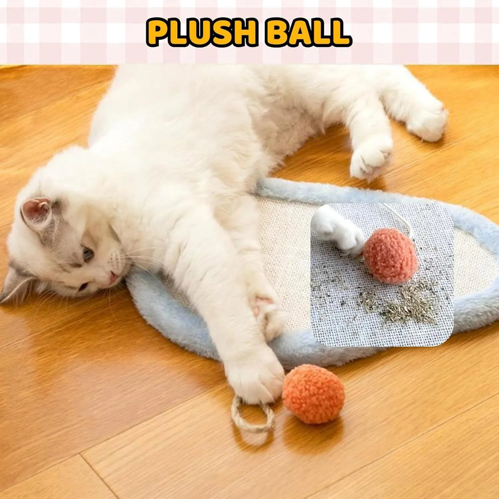 White wall-mounted cat scratching mat with cartoon cat design made from natural sisal