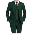 Men's three-piece groom suit set in slim fit, dark green, with coat trousers and vest on a hanger