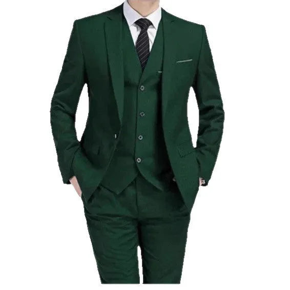 Men's three-piece groom suit set in slim fit, dark green, with coat trousers and vest on a hanger