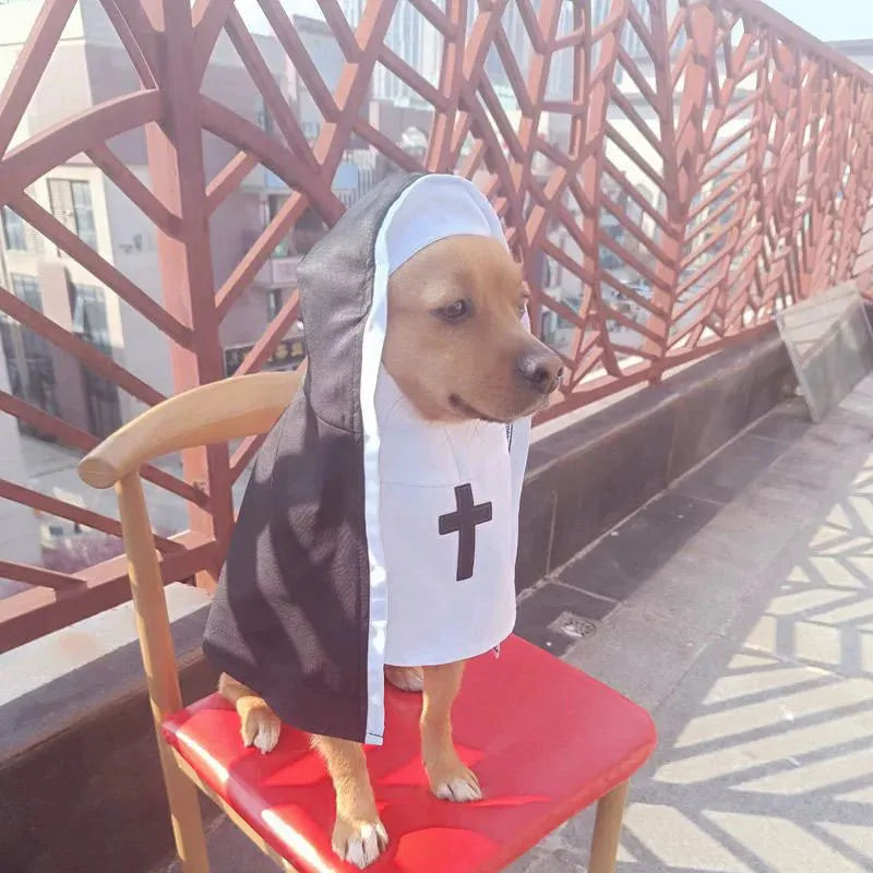 Black and white nun costume for small to medium dogs with polyester cloak