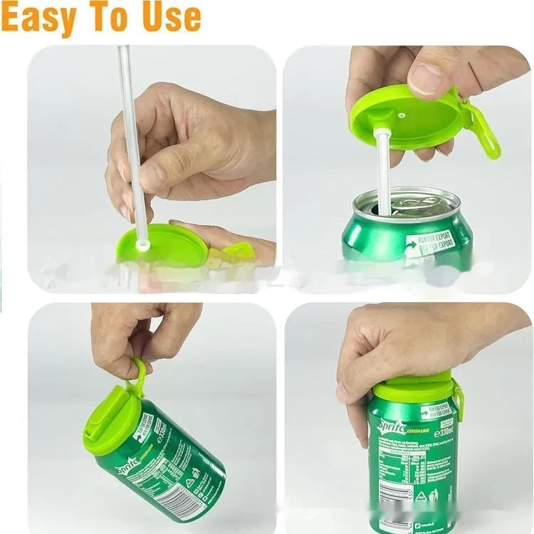 Reusable plastic soda can lid with straw for standard Coke cans, round injection moulded can stopper.