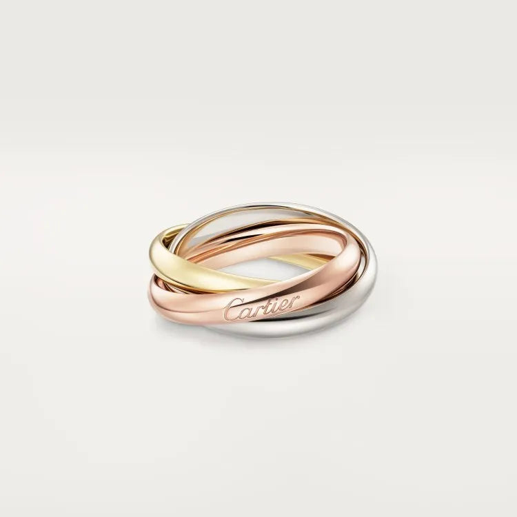 Set of three sterling silver rings with full band of diamonds, showing gold rose and silver black finishes on a geometric U-shaped profile.
