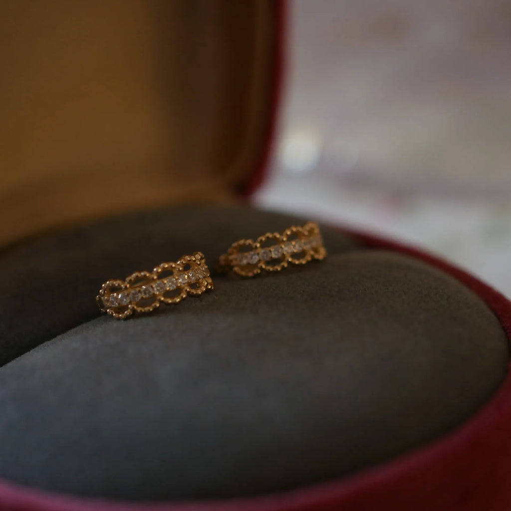 Small lace pattern ear clips in gold or platinum colour on ear model