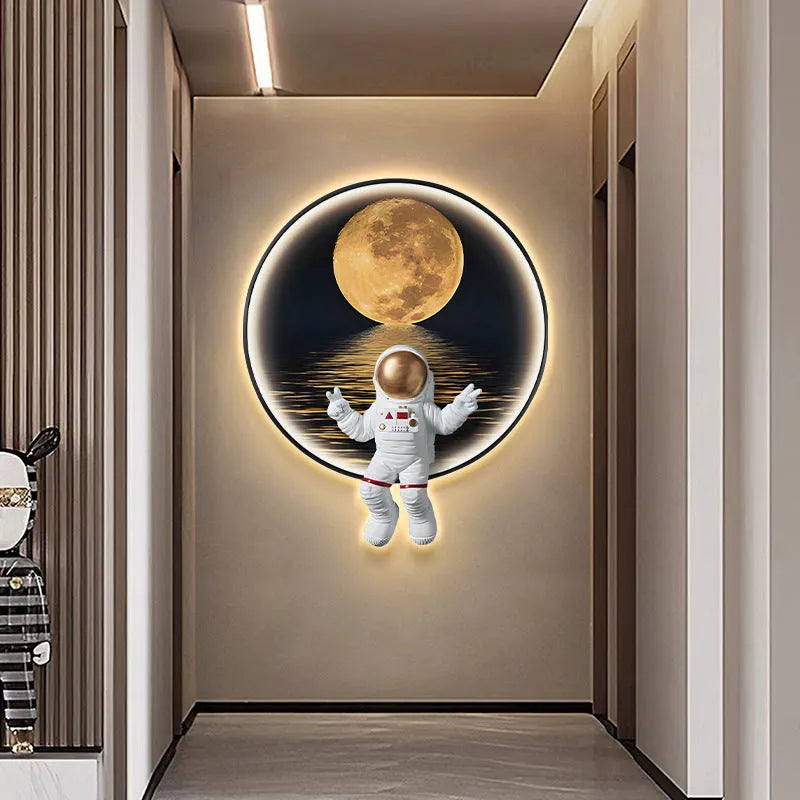 Children's astronaut-themed canvas wall painting with optional integrated USB LED light strip in a modern frameless design.