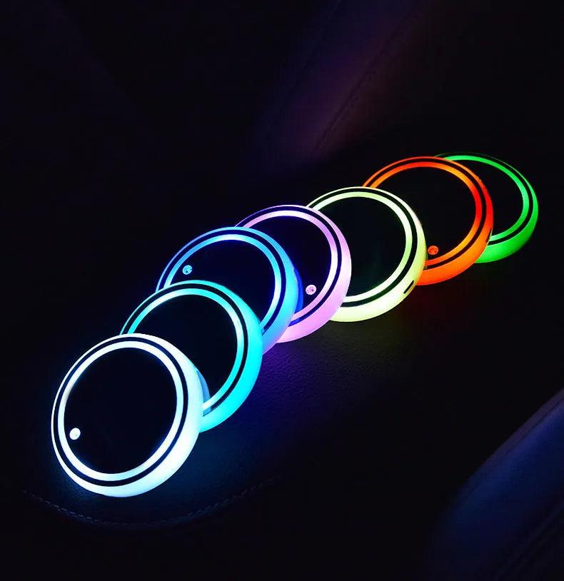 Colourful LED light-up coaster for car cup holder with USB cable and solar panel