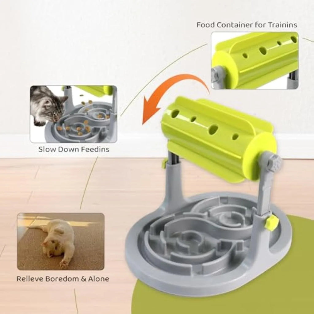 Adjustable height interactive pet slow feeder bowl with puzzle patterns in blue colour