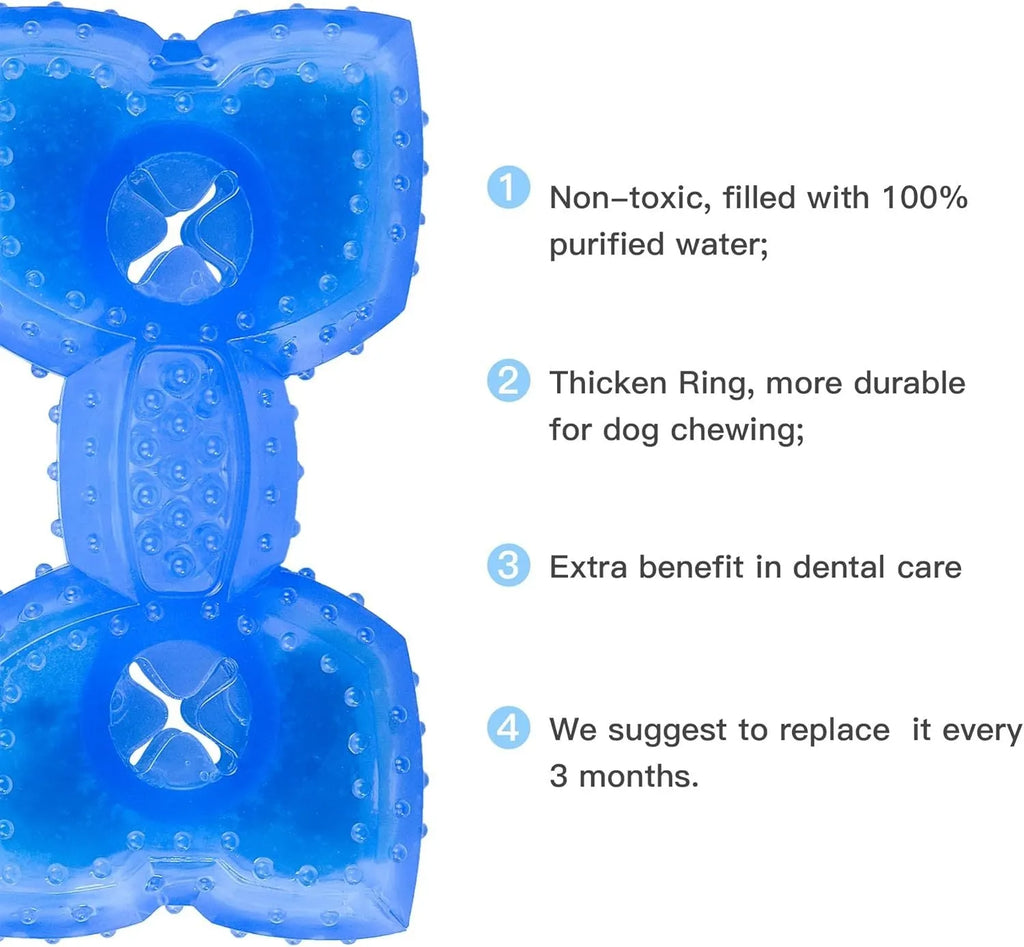Freezable non-toxic dog cooling chew toy in bone and circle shapes.