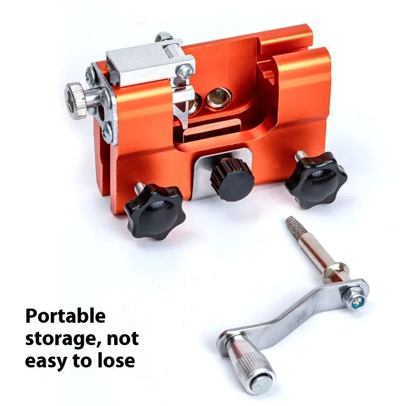 Hand-cranked chain sharpener with silicon carbide grinding head, handle diameter 6, for manual chainsaw chain sharpening