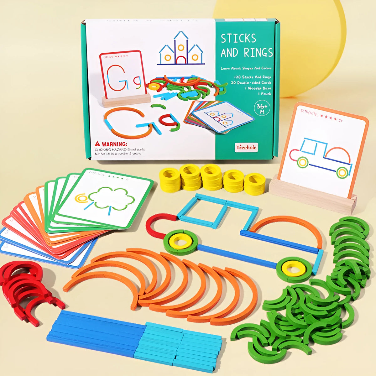 Wooden children's logical thinking puzzle board with stick and ring design, 23 x 16.8 x 3.5 cm, in colour box