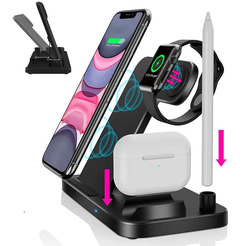 Folding 4-in-1 wireless charger in space grey, showing iPhone on vertical stand and Apple Pencil on magnetic charger.