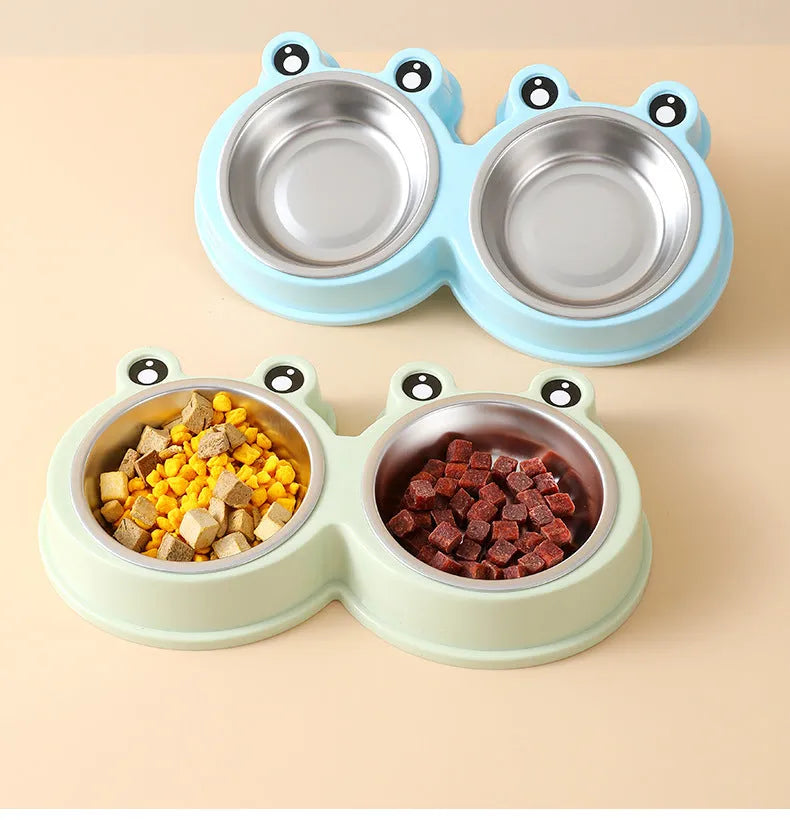 Stainless steel pet bowl with frog decoration and double compartments for food and water separation
