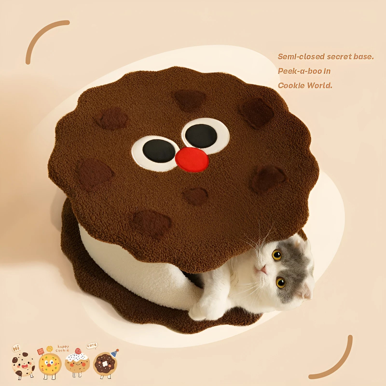 Khaki-coloured enclosed cat nest bed shaped like a sandwich cookie with a high entry wall.