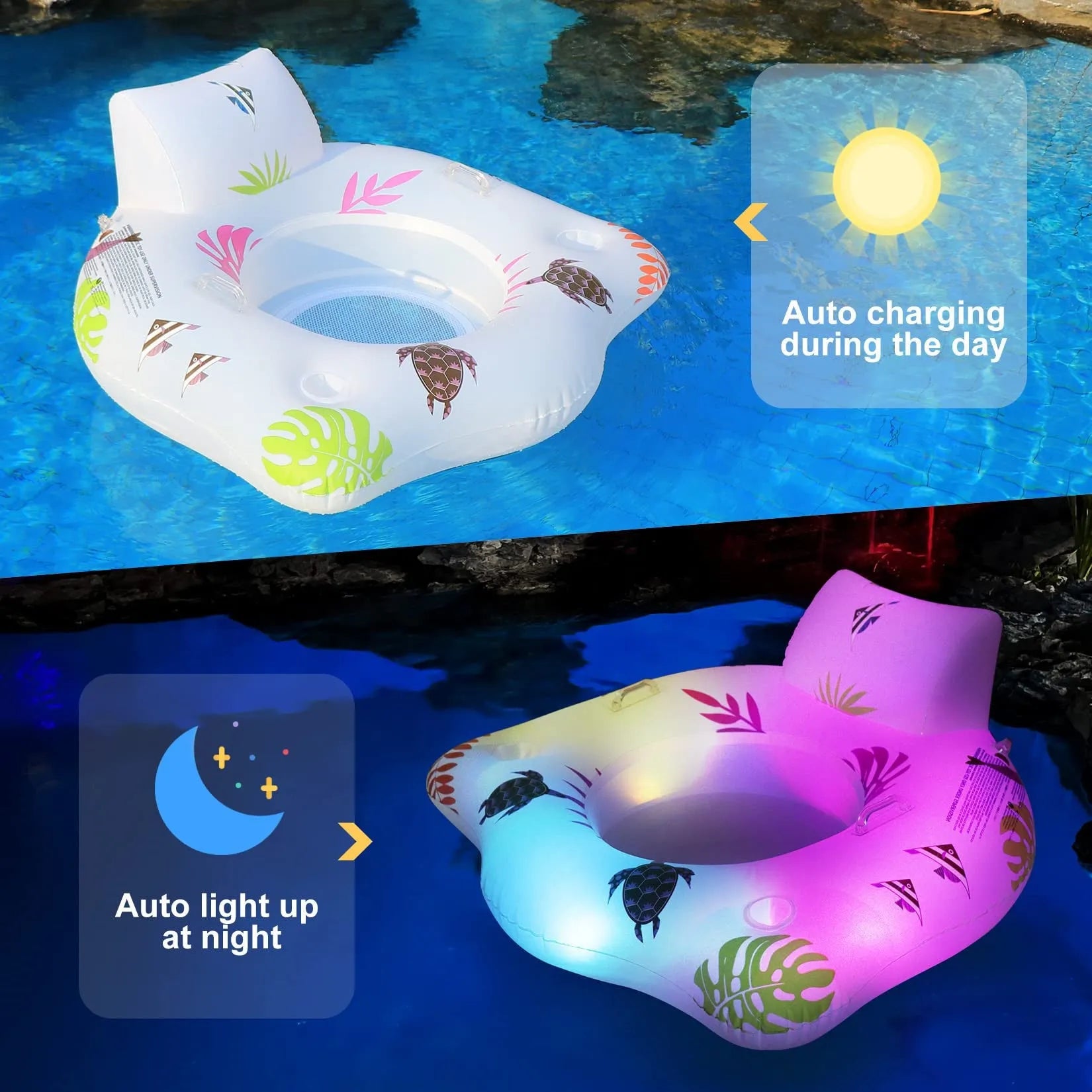 White U-shaped luminous inflatable float recliner on water, showing its 120cm size.