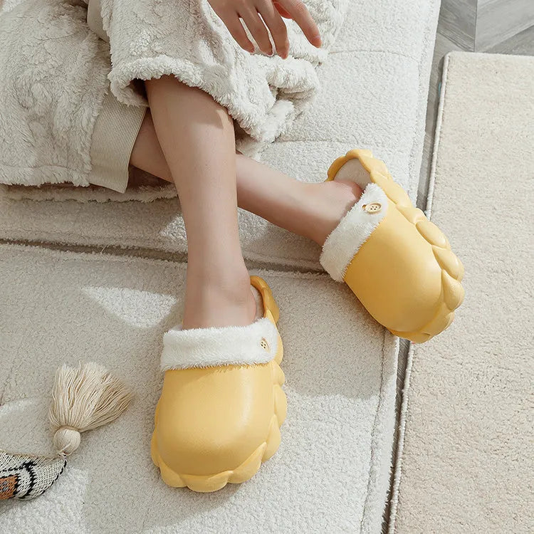 Waterproof EVA winter slippers with plush lining, non-slip sole, in pink, yellow, green, grey, black, sizes 36-45.