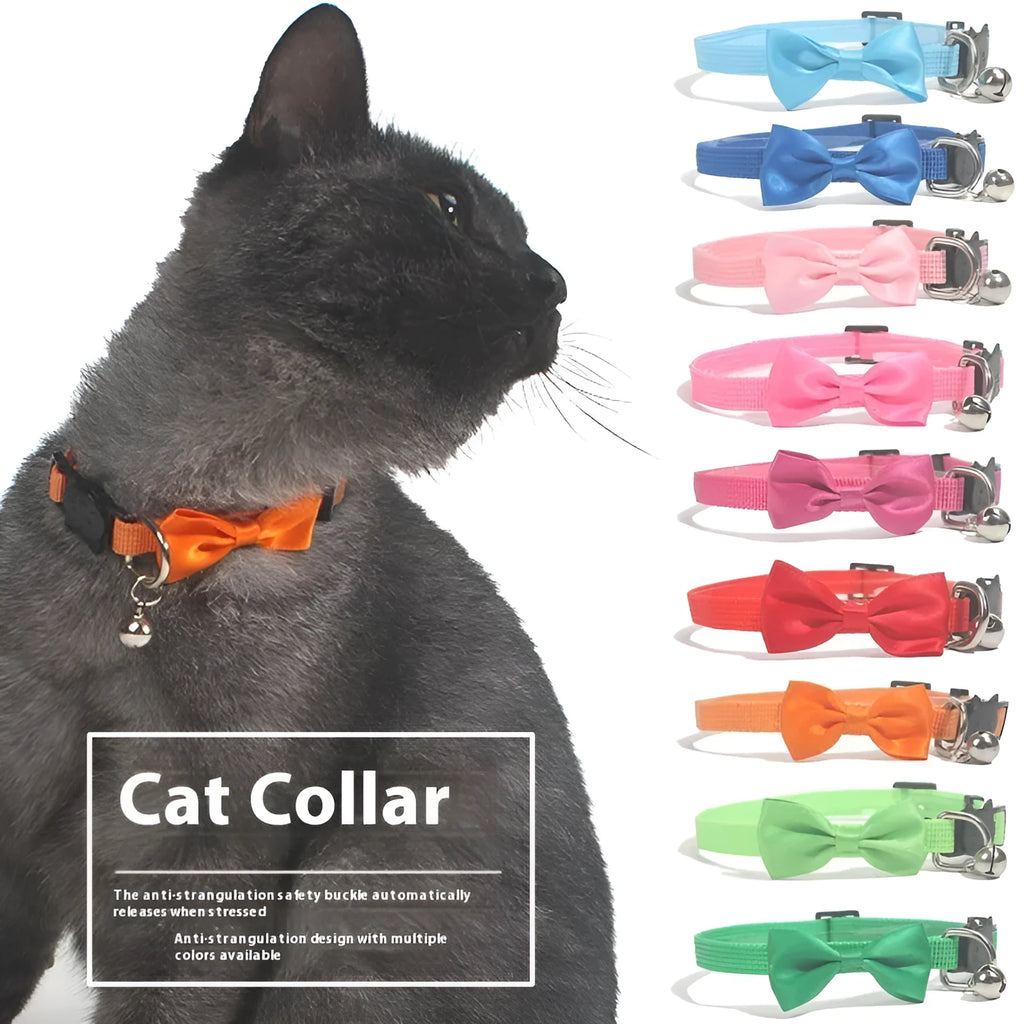 Adjustable striped nylon cat collar with a small silver bell attached, shown in multiple colour options.