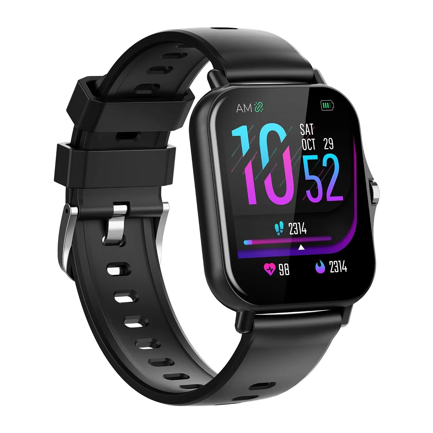 W10 Bluetooth smart watch showing heart rate monitor on blue wristband.