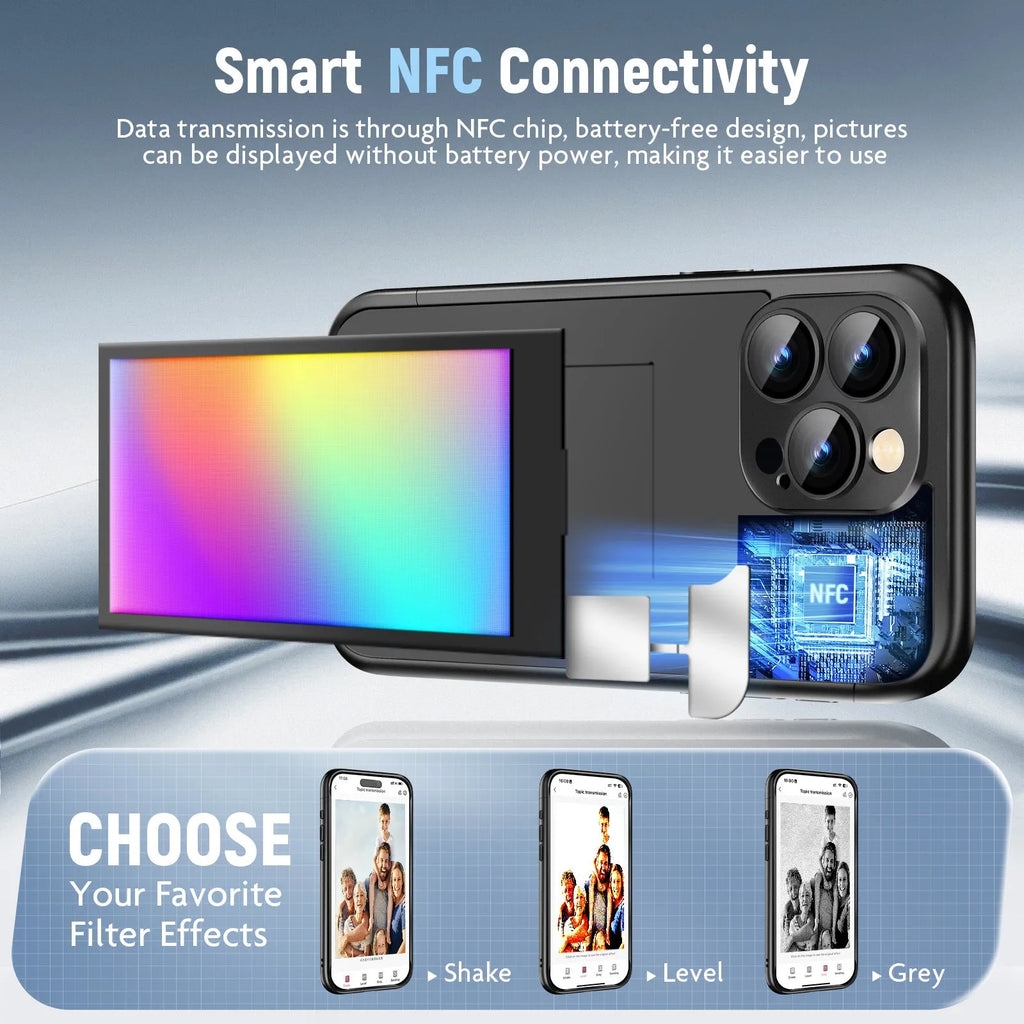 iPhone 15 Pro NFC ink screen flip phone case in black or purple colours